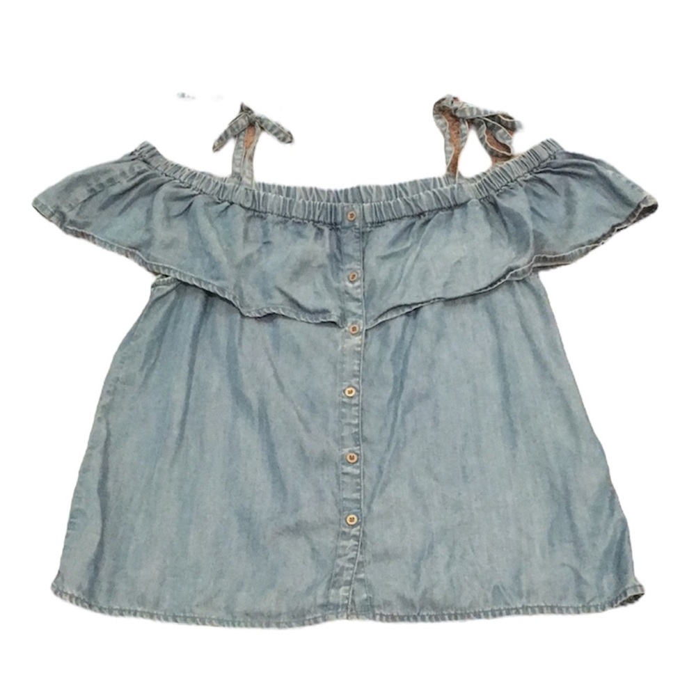 Lucky Brand Denim Off the Shoulder Top Chambray Ruffle Size Small